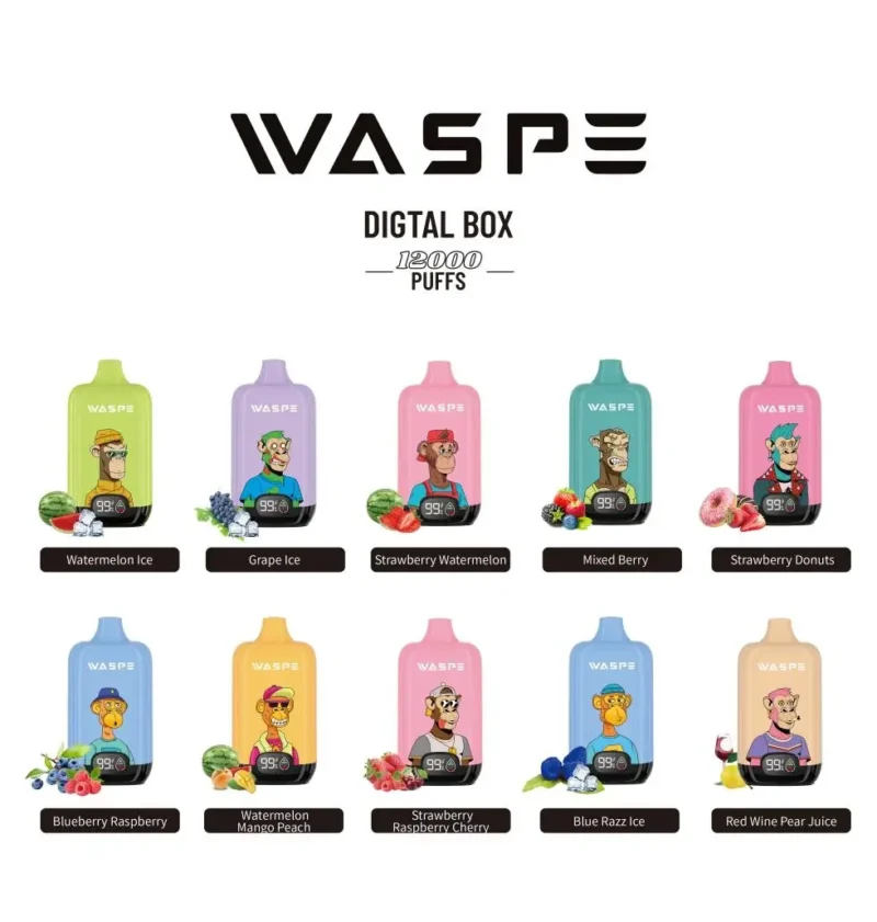 Commercio all'ingrosso Waspe 12000 Puffs Digital Box Disposable Vape Pen con display LCD 20ml Capacità Mesh Coil Livelli multipli di nicotina 0 2 3 5 9