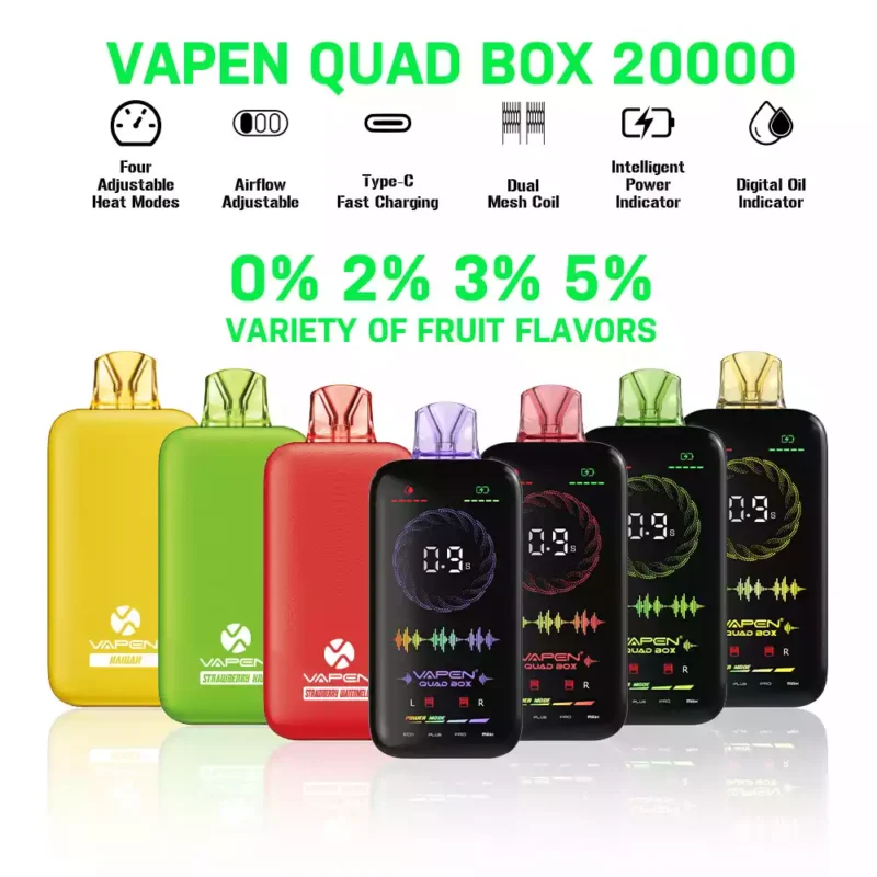 VAPEN QUAD BOX 20000 PUFFS Fluxo de ar ajustável recarregável 2% 5% Baixo teor de nicotina Atacado descartável Vape Exibição em tela cheia (12)