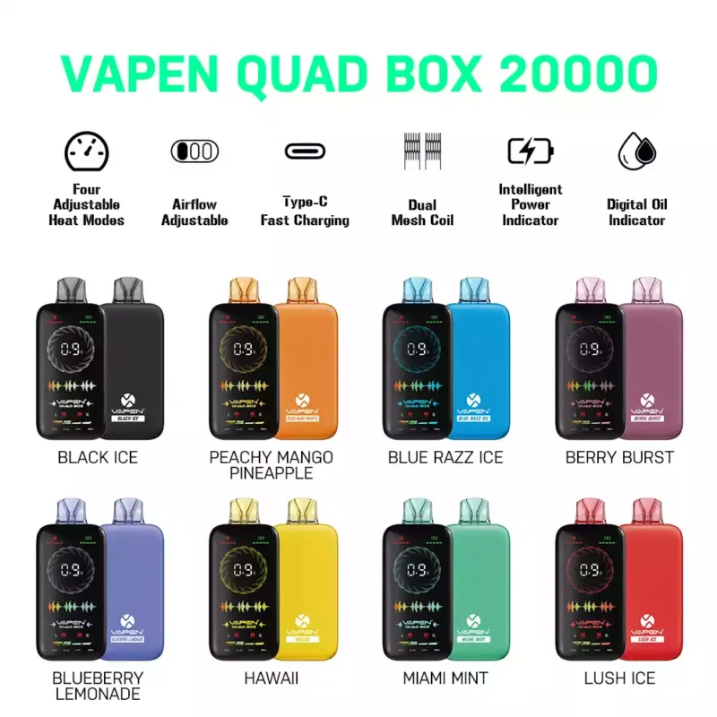 VAPEN QUAD BOX 20000 PUFFS 2% 5% Baixa Nicotina 650mAh Recarregável Atacado Descartável Vape com 12 Sabores 2