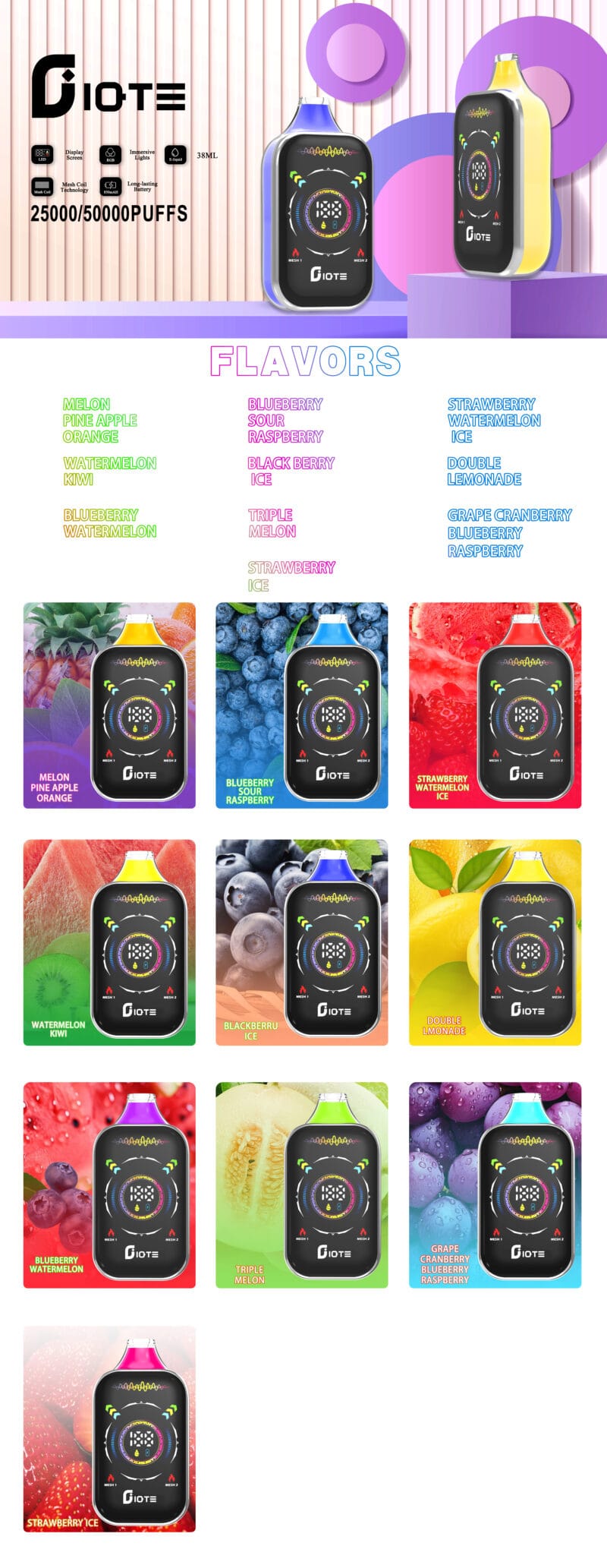 2025 Hot IQTE 50000 Puffs Wholesale Bulk Buy Disposable Vape 0% 2% 5% Nicotine Fresh 15 Flavors 800mAh Rechargeable 2