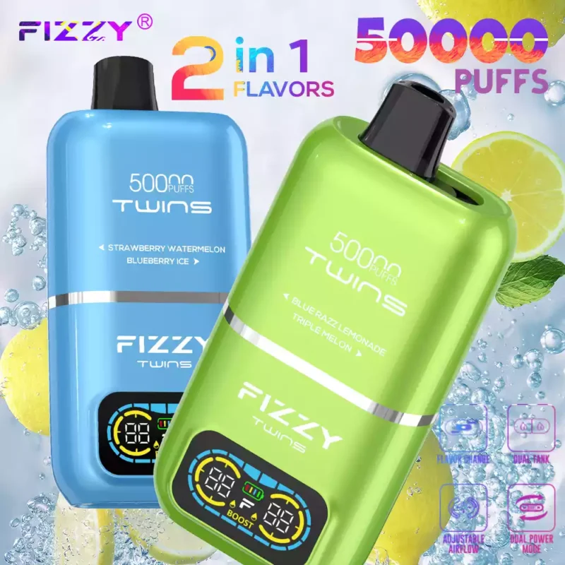 Fizzy Twins 50k Puffs Descubre la Experiencia Vaping Ultimate con 12 Sabores 50ML E Liquid Mesh Coil y 850mAh Batería 93